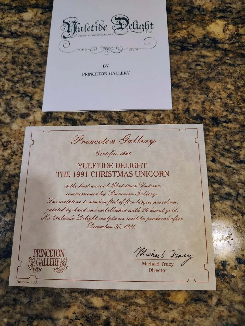 VTG Princeton Gallery Porcelain Unicorn Yuletide Delight 1991 W/COA